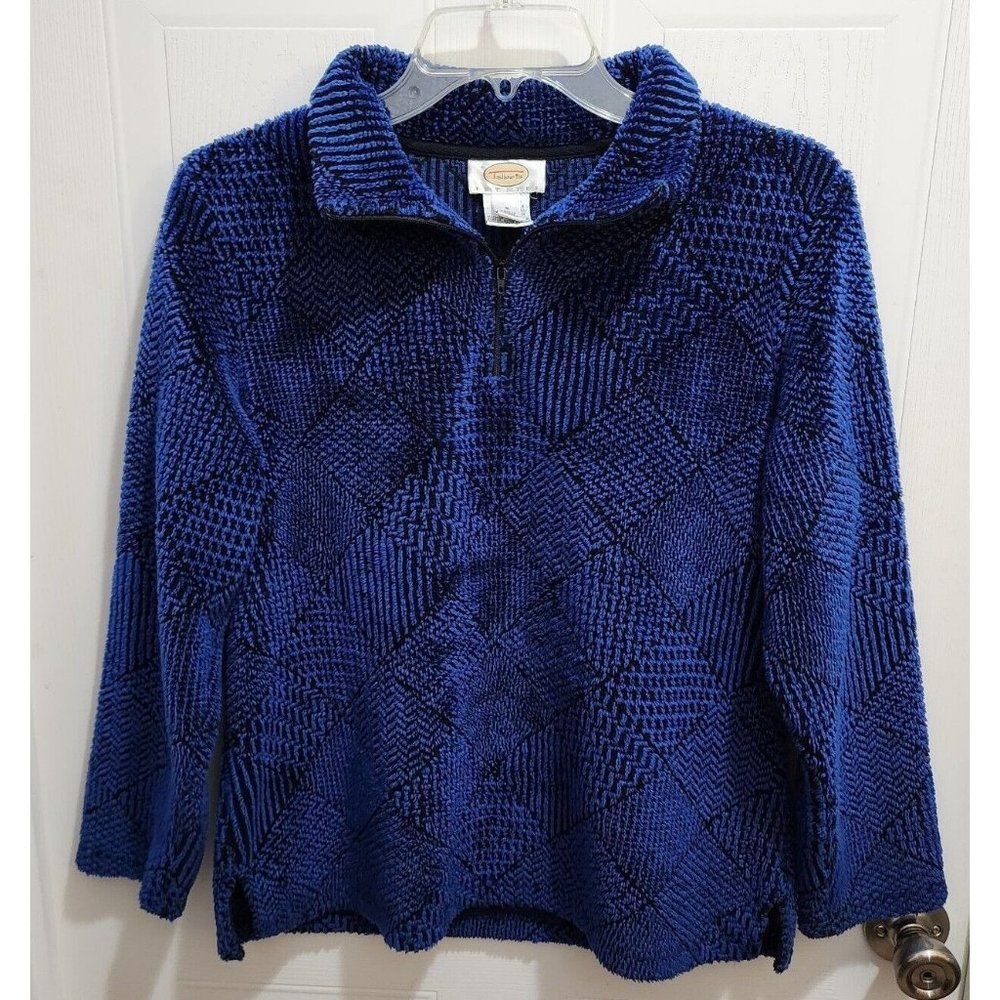 VTG TALBOTS Women's Half Zip Pullover Fleece Sweatshirt Blue Black Patterned PS‎